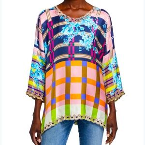 JOHNNY WAS Nora Multi Grid Colorful Scoop Neck Embroidered Tunic Blouse! Medium